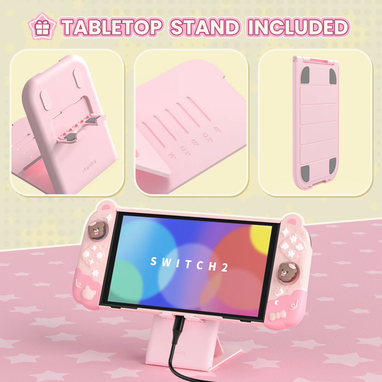 PlayVital Funda protectora acoplable para Switch 2 – Funda de silicona Good Night Bear con empuñaduras Joycon desmontables y lindas tapas para el pulgar