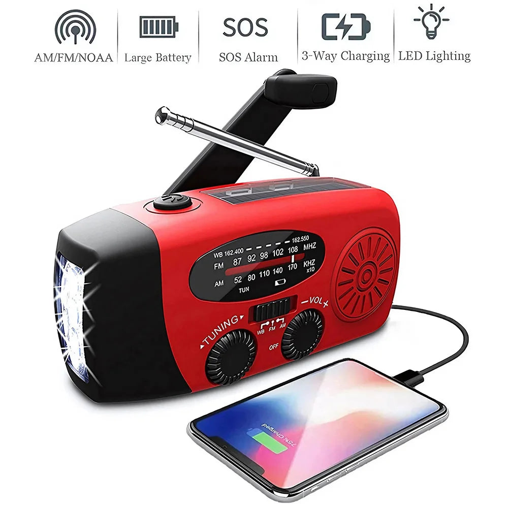 Luz de Camping alimentada por manivela Solar con Radio AM/FM para exteriores, linterna LED de dinamo de mano multifuncional con carga USB de 2000mAh