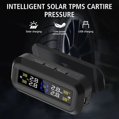 Pantalla LCD Digital, sistema de supervisión de presión de neumáticos, alarma de seguridad automática, Monitor de temperatura de neumáticos alimentado por USB Solar, TPMS para coche
