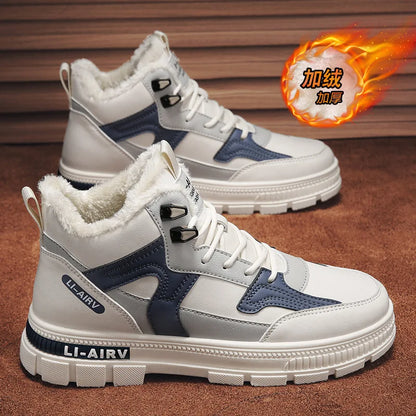 2024 nuevo modelo de zapatos de invierno para hombres, además de zapatillas de deporte gruesas y cálidas de terciopelo para nieve fría, zapatos deportivos informales blancos que combinan con todo para hombres