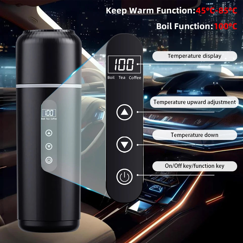 Hervidor eléctrico de viaje para coche, 12V/24V, portátil, taza de agua caliente, pantalla de visualización, calor de acero inoxidable 316 para preparar café y té