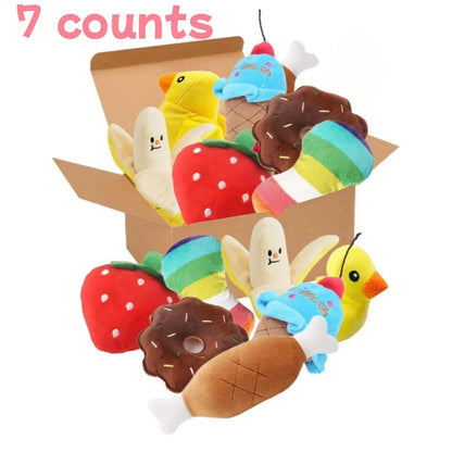 Un juego de 7 piezas de juguetes con sonido para cachorros, masticar mascotas de peluche suelto, aperitivos de frutas de peluche y juguetes para cachorros de verduras, adecuado para juegos lindos