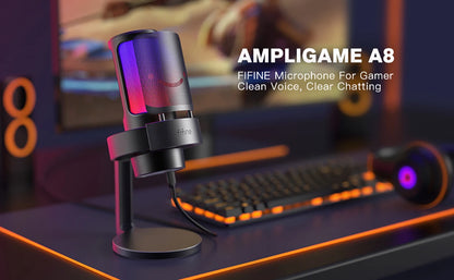 Micrófono USB FIFINE para grabar y transmitir en PC y Mac, salida de auriculares y botón de silencio táctil, micrófono con 3 modos RGB -A8