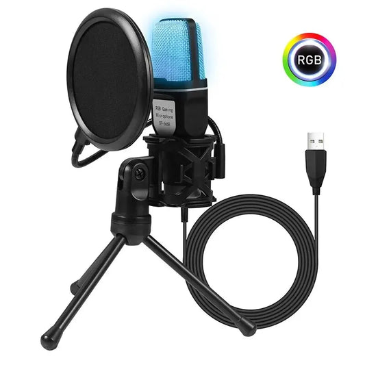 Micrófono USB portátil, micrófono RGB, condensador, micrófono para juegos con cable para estudio de grabación de Podcast, Streaming, portátil y de escritorio