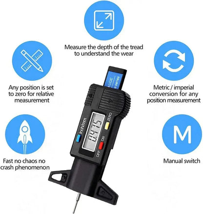 Calibrador de profundidad Digital, medidor de profundidad de la banda de rodadura, LCD, medidor de banda de rodadura de neumáticos para neumáticos de coche, herramienta de medición de 0-25mm, herramientas de reparación de