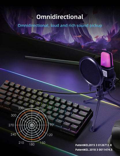 Micrófono USB portátil, micrófono RGB, condensador, micrófono para juegos con cable para estudio de grabación de Podcast, Streaming, portátil y de escritorio