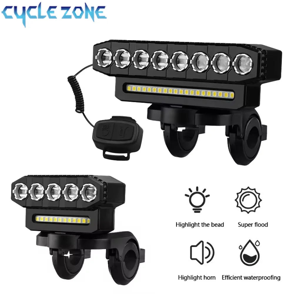 Luz delantera de bicicleta LED 5/8 recargable por USB 130dB bocina de bicicleta fácil de instalar 6 modos luz de timbre de bicicleta