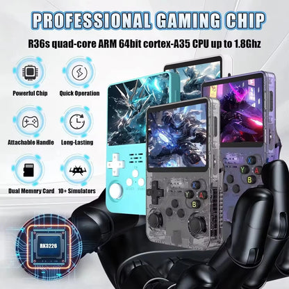 Consola de videojuegos portátil R36S, almacenamiento de pantalla IPS de 3,5 pulgadas, biblioteca de juegos 20000, sistema Arkos Linux, reproductor de bolsillo portátil