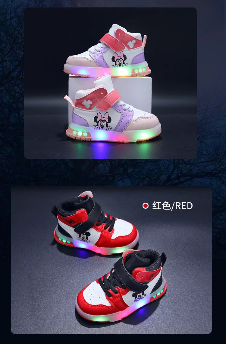 Zapatos Causla de Disney para niñas, zapatillas deportivas informales de cuero PU con LED luminiscentes de Mickey Mouse para niños de 1 a 6 años