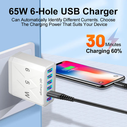 Cargador USB de 6 puertos de carga rápida, adaptador de teléfono móvil para iPhone 14, Samsung, Xiaomi, enchufe de la UE, KR, EE. UU., Reino Unido, 65W, QC3.0