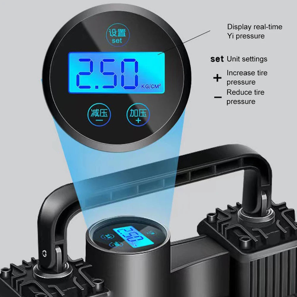 Mini compresor de aire de doble cilindro, inflador de neumáticos de alta resistencia con luz LED, bomba de aire eléctrica para coche, 12V, 150PSI