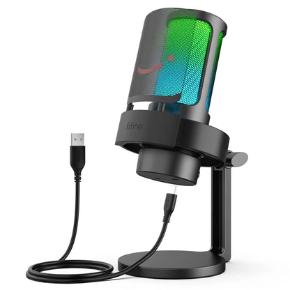 Micrófono USB FIFINE para grabar y transmitir en PC y Mac, salida de auriculares y botón de silencio táctil, micrófono con 3 modos RGB -A8