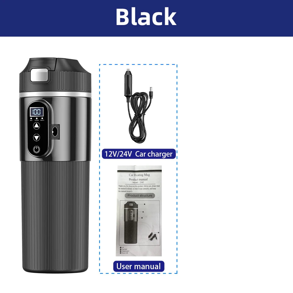 Tetera con taza calefactora eléctrica de 12V/24V y 500ML, botella con calentador de agua de acero inoxidable 304, apagado automático, taza de ebullición rápida para coche de viaje