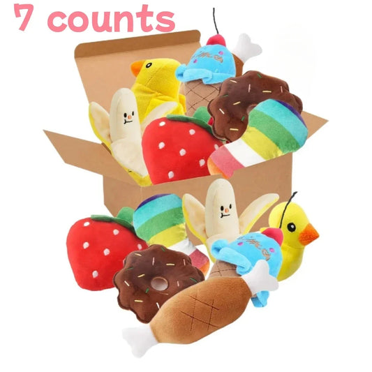 Un juego de 7 piezas de juguetes con sonido para cachorros, masticar mascotas de peluche suelto, aperitivos de frutas de peluche y juguetes para cachorros de verduras, adecuado para juegos lindos