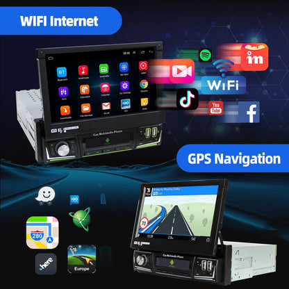 Radio de coche ESSGOO 7 pulgadas 1 DIN Flip-Out, 4+64 GB, Carplay inalámbrico, Android Auto, Bluetooth, pantalla táctil, Android 14, reproductor MP5, unidad principal, SWC, GPS, cámara.