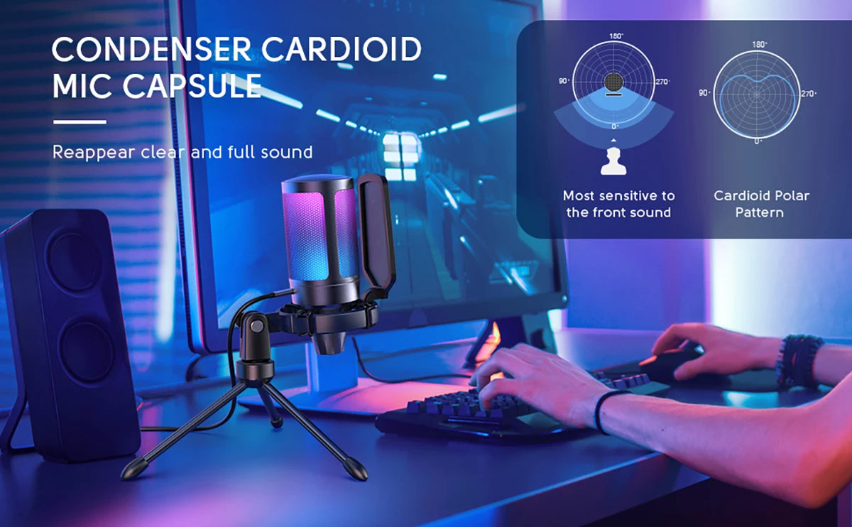 FIFINE Micrófono de condensador USB para juegos, para PC PS4 PS5 MAC con soporte de choque y filtro pop y control de ganancia para podcasts, Ampligame A6V