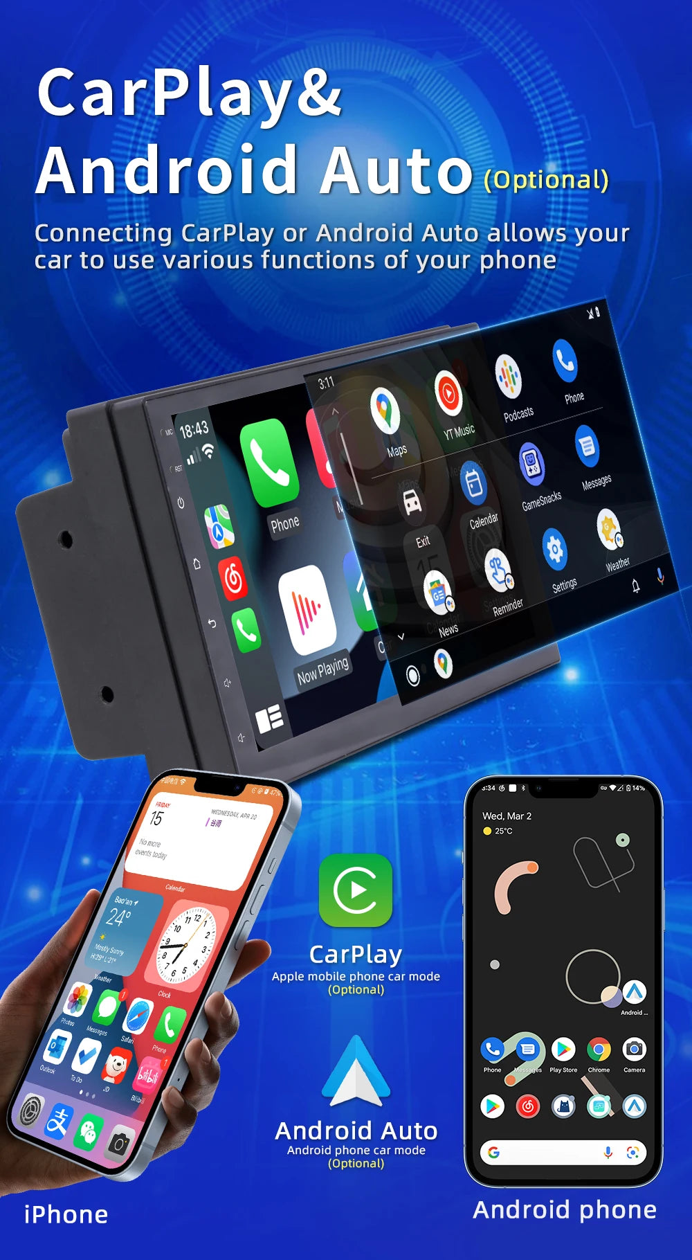 Reproductor Multimedia Universal de 7, 9 y 10 pulgadas pantalla coche android auto con GPS carplay inalambrico WIFI, CarPlay inalámbrico, Android 13, 2 Din, Radio FM, RECEPTOR ESTÉREO sistemas inteligentes de coche