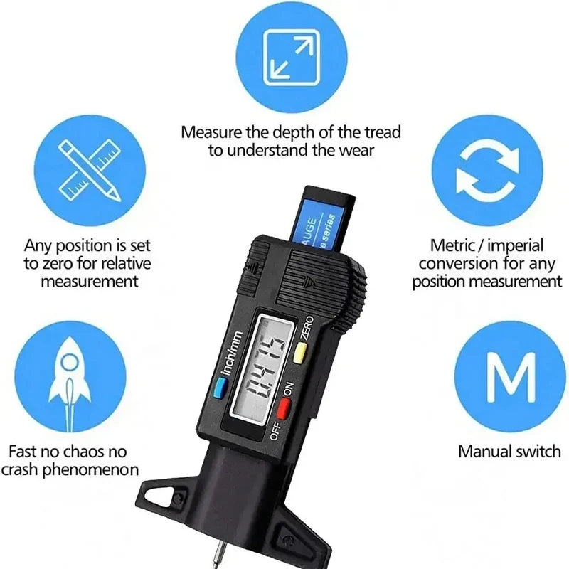 Calibrador de profundidad Digital, medidor de profundidad de la banda de rodadura, LCD, medidor de banda de rodadura de neumáticos para neumáticos de coche, herramienta de medición de 0-25mm, herramientas de reparación de