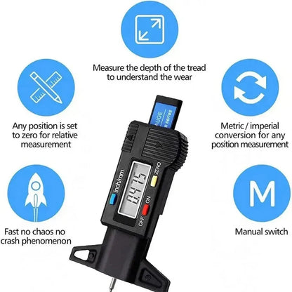 Calibrador de profundidad Digital, medidor de profundidad de la banda de rodadura, LCD, medidor de banda de rodadura de neumáticos para neumáticos de coche, herramienta de medición de 0-25mm, herramientas de reparación de