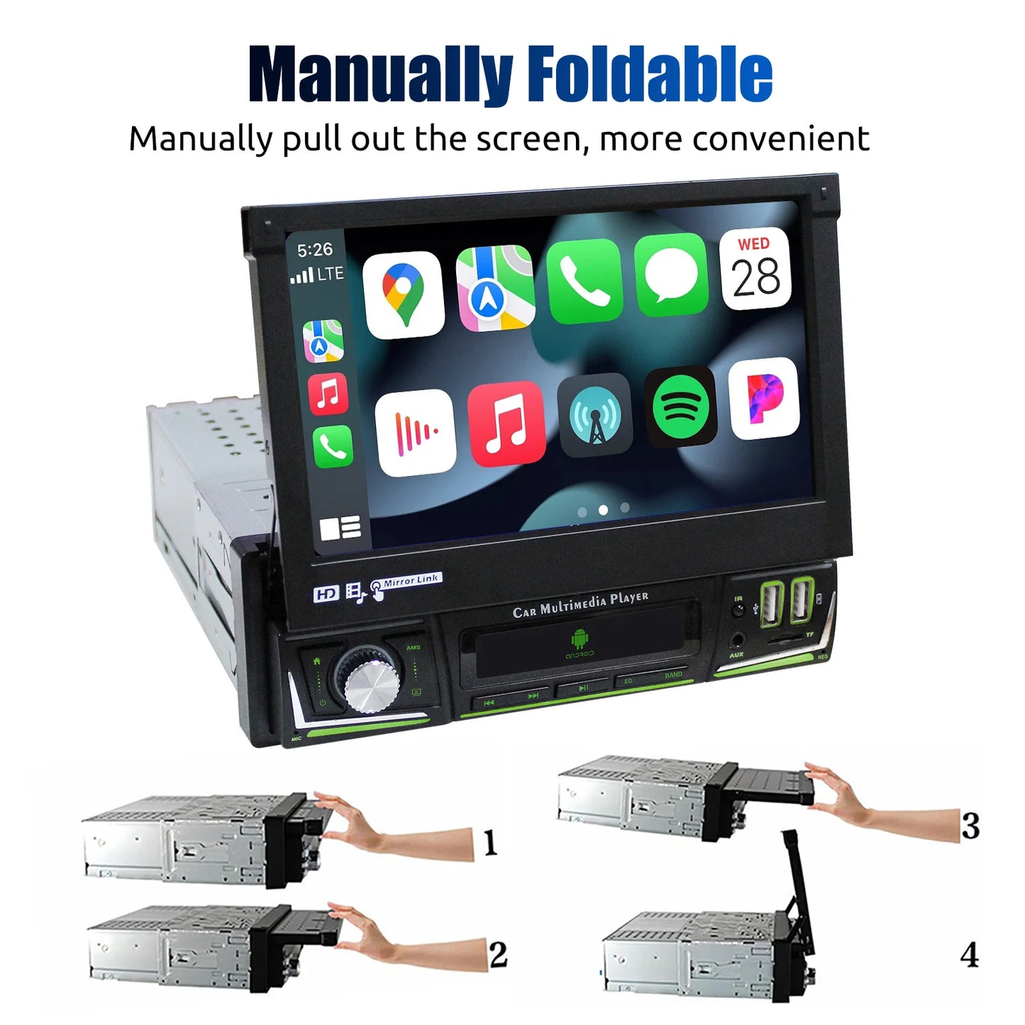 Radio de coche ESSGOO 7 pulgadas 1 DIN Flip-Out, 4+64 GB, Carplay inalámbrico, Android Auto, Bluetooth, pantalla táctil, Android 14, reproductor MP5, unidad principal, SWC, GPS, cámara.