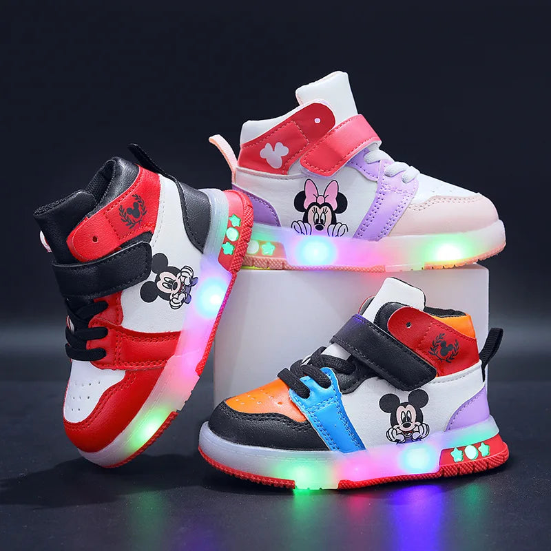 Zapatos Causla de Disney para niñas, zapatillas deportivas informales de cuero PU con LED luminiscentes de Mickey Mouse para niños de 1 a 6 años