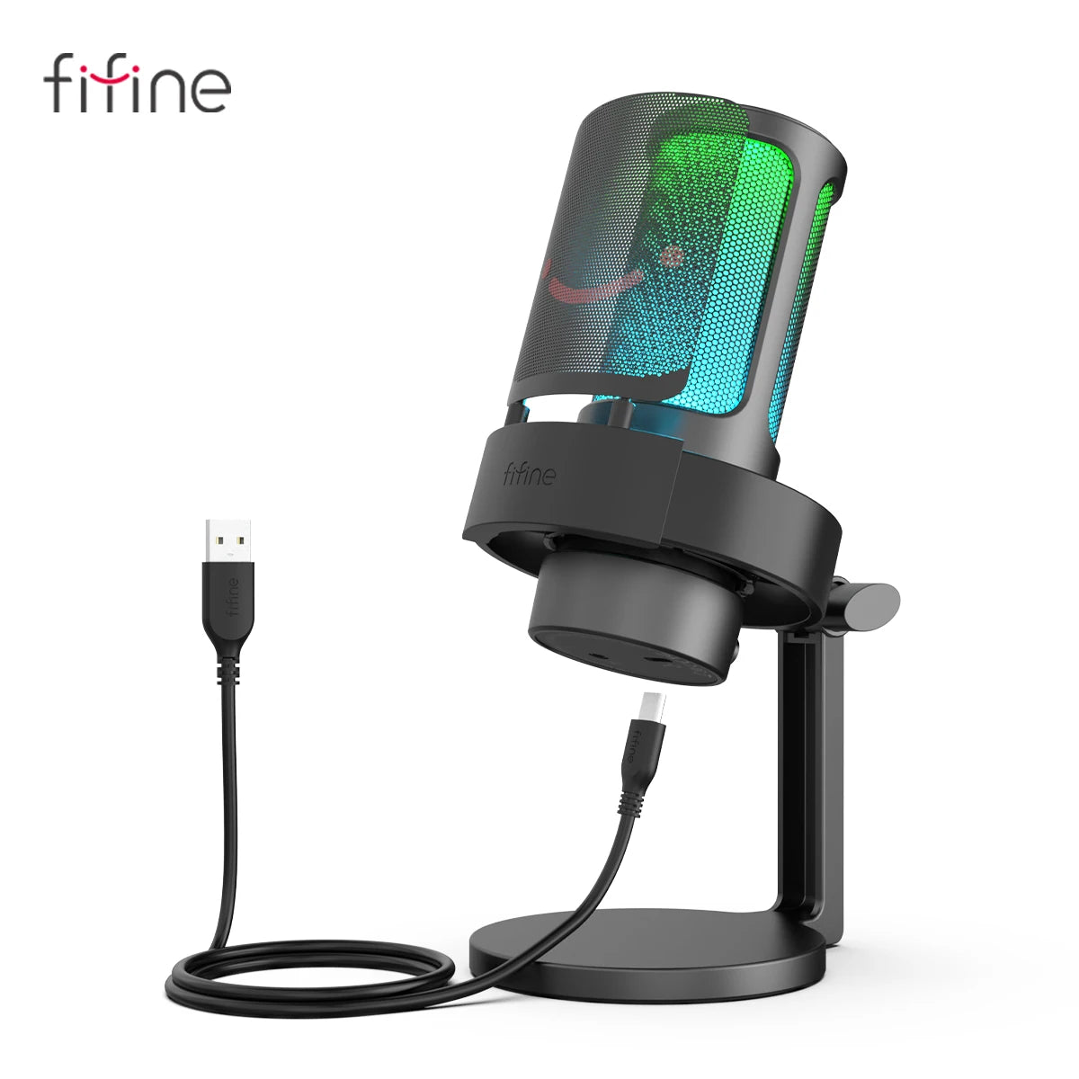 Micrófono USB FIFINE para grabar y transmitir en PC y Mac, salida de auriculares y botón de silencio táctil, micrófono con 3 modos RGB -A8