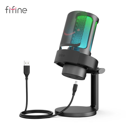 Micrófono USB FIFINE para grabar y transmitir en PC y Mac, salida de auriculares y botón de silencio táctil, micrófono con 3 modos RGB -A8