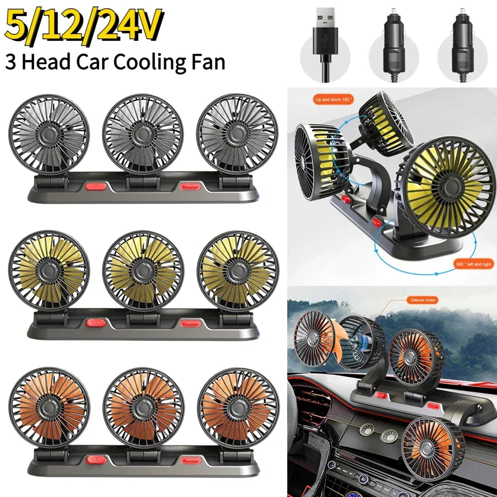 Ventilador automotriz del coche del ventilador 12v 24v 360 °   Ventilador de aire ajustable de 3 cabezales, tarjeta de estacionamiento temporal multifuncional de poco ruido, ventilador para vehículos