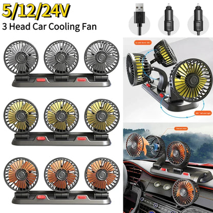 Ventilador automotriz del coche del ventilador 12v 24v 360 °   Ventilador de aire ajustable de 3 cabezales, tarjeta de estacionamiento temporal multifuncional de poco ruido, ventilador para vehículos