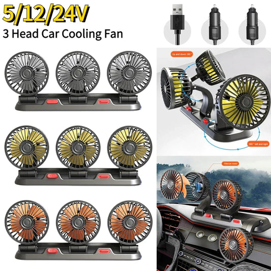 Ventilador automotriz del coche del ventilador 12v 24v 360 °   Ventilador de aire ajustable de 3 cabezales, tarjeta de estacionamiento temporal multifuncional de poco ruido, ventilador para vehículos
