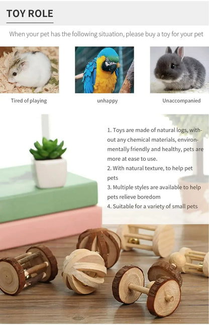conejillo de indias, conejo, hámster, Animal PEQUEÑO, juguetes con rodillo para mascotas, mancuernas de pino de madera Natural, monociclo, campana para masticar, bola trenzada