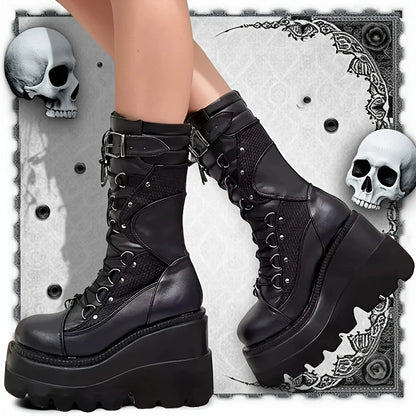Nuevas botas de plataforma góticas para mujer, cuñas Punk con hebilla de remache a la moda, tacones altos, botas para mujer, zapatos de fiesta Street Cosplay para mujer