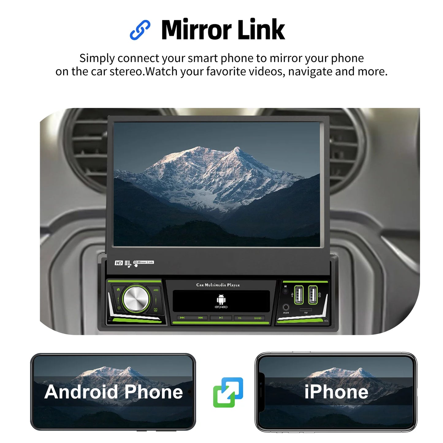 Radio de coche ESSGOO 7 pulgadas 1 DIN Flip-Out, 4+64 GB, Carplay inalámbrico, Android Auto, Bluetooth, pantalla táctil, Android 14, reproductor MP5, unidad principal, SWC, GPS, cámara.