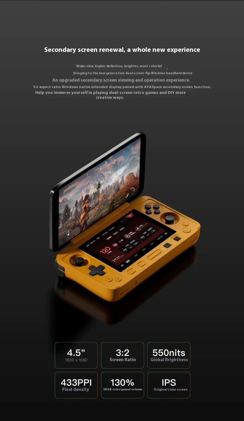 AYANEO Flip 1S DS Flip consola de juegos 7 "1080P 144Hz pantalla OLED consola portátil HX370 8840U máquina de juegos de pantallas duales