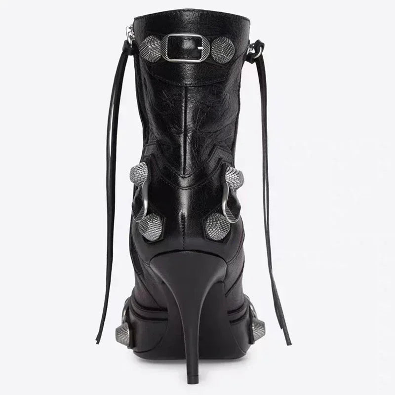 Botines de tacón alto y fino para mujer, decoración de Metal, remaches, flecos, cremallera, punta pintada, botines de motocicleta para mujer, zapatos de mujer