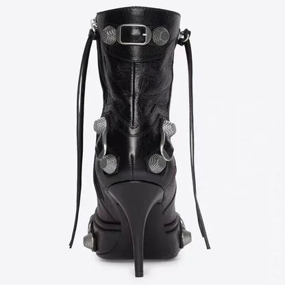 Botines de tacón alto y fino para mujer, decoración de Metal, remaches, flecos, cremallera, punta pintada, botines de motocicleta para mujer, zapatos de mujer