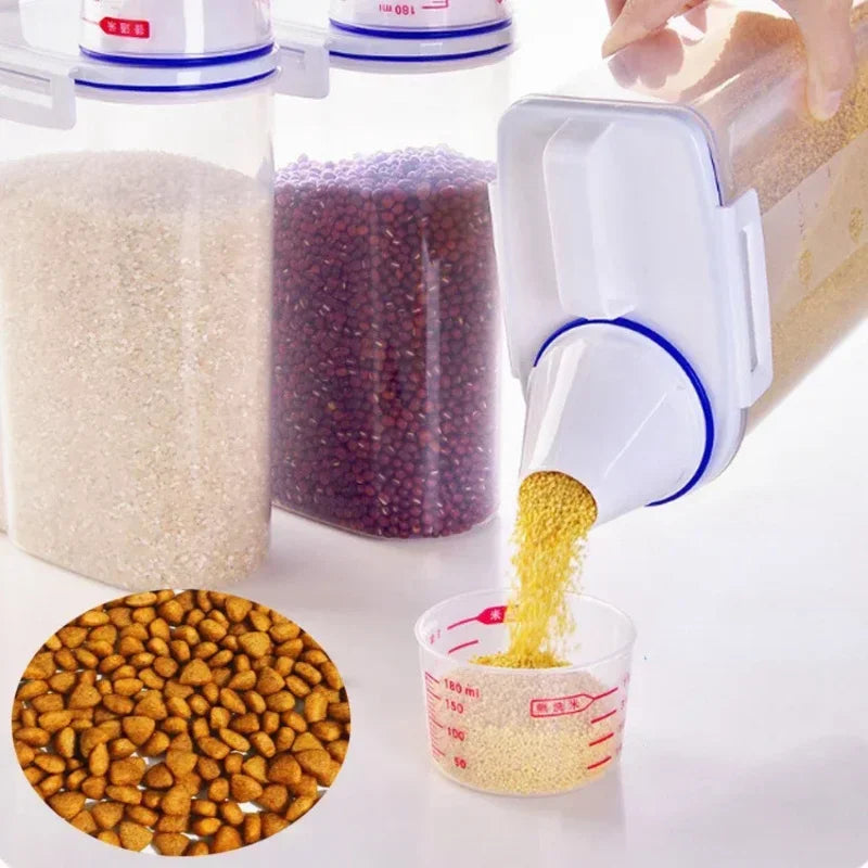 Cubo de comida para perros y gatos, tanque de almacenamiento de plástico con taza medidora, contenedor sellado a prueba de humedad, accesorios para suministros para mascotas, 1,5 kg/2kg