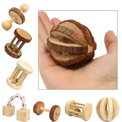 conejillo de indias, conejo, hámster, Animal PEQUEÑO, juguetes con rodillo para mascotas, mancuernas de pino de madera Natural, monociclo, campana para masticar, bola trenzada