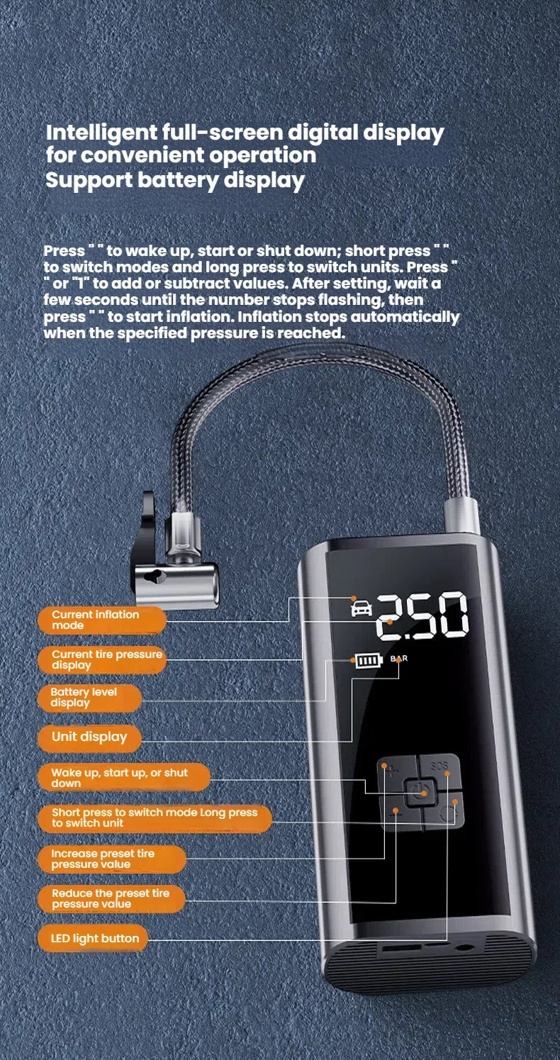 Compresor de aire montado en el coche, inflador de neumáticos de coche con pantalla digital, bomba de neumáticos portátil de 12V, reparación inteligente de neumáticos y inflado