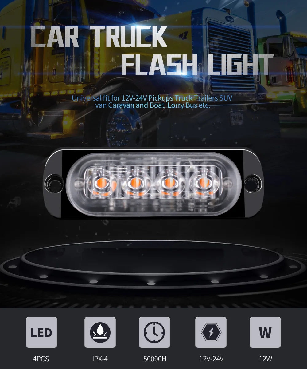4x 4LED luz de advertencia de coche luz de avería de parrilla coche camión remolque baliza lámpara LED luz lateral ámbar para coches 12V - 24V