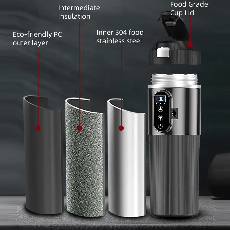 Tetera con taza calefactora eléctrica de 12V/24V y 500ML, botella con calentador de agua de acero inoxidable 304, apagado automático, taza de ebullición rápida para coche de viaje