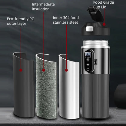 Tetera con taza calefactora eléctrica de 12V/24V y 500ML, botella con calentador de agua de acero inoxidable 304, apagado automático, taza de ebullición rápida para coche de viaje