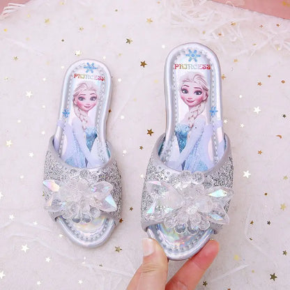 Sandalias Disney para niños, zapatillas de Frozen, zapatos de princesa Elsa a la moda, sandalias antideslizantes con flores de cristal, color azul, rosa y plateado