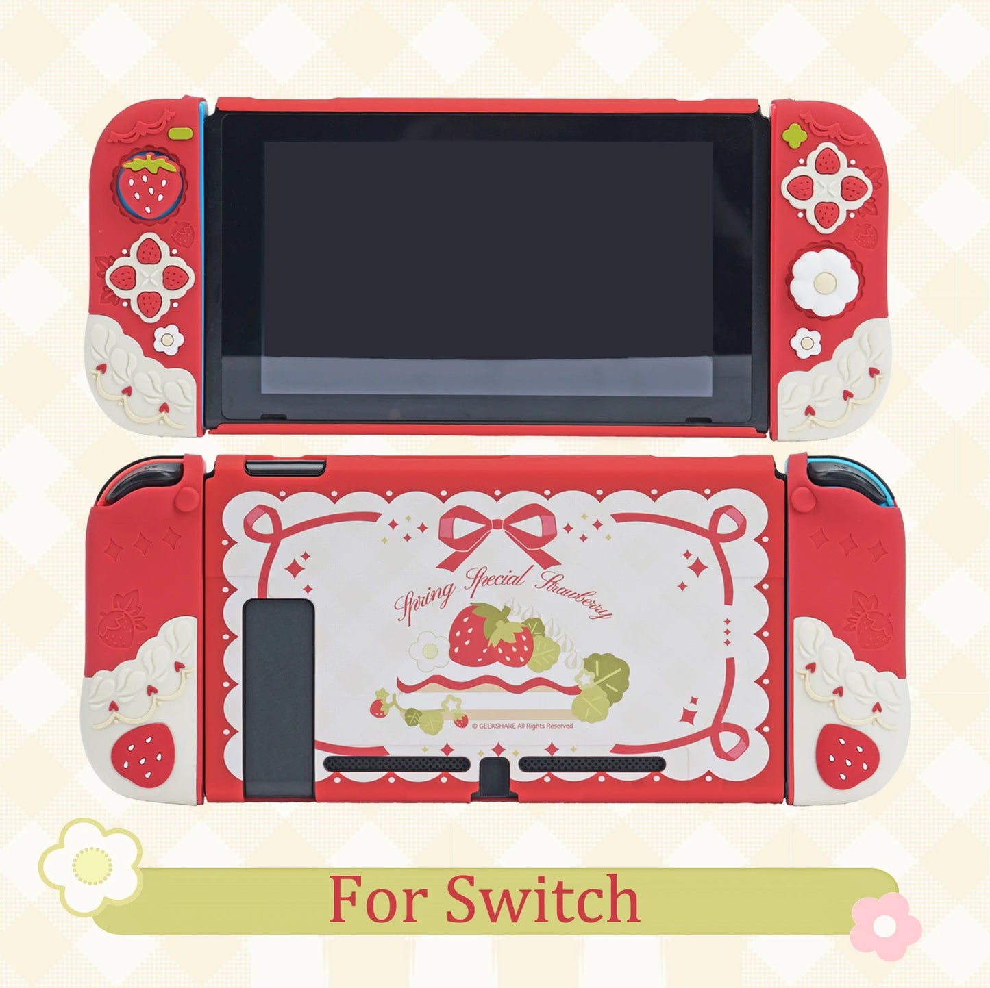 Protector de carcasa trasera dura de fresa para Nintendo Switch/controlador Oled Joy-Con, empuñadura de mano, botones ABXY, cubierta completa de silicona