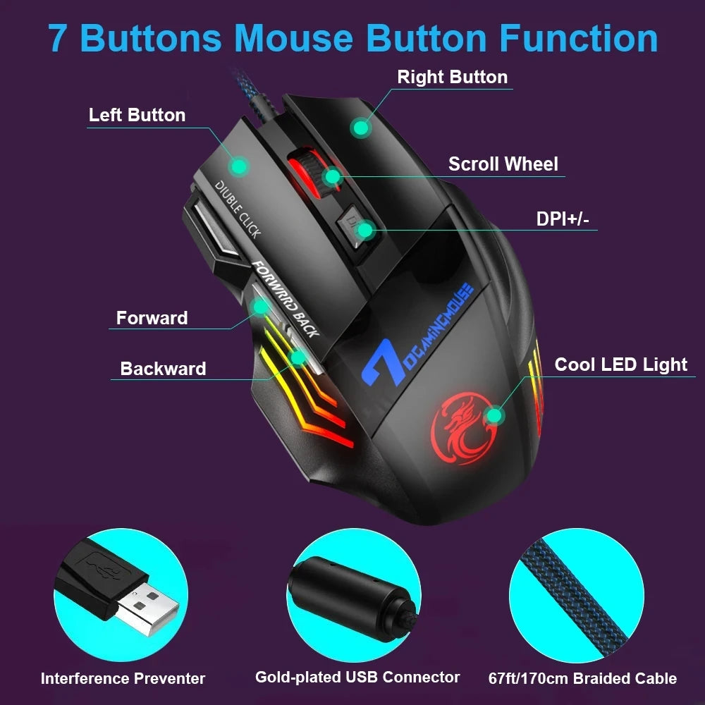 Ratón para juegos por cable, ratón de ordenador para Gamer, ratón ergonómico retroiluminado RGB, retroiluminación silenciosa, ratón LED de 7 botones, ratón USB para PC de escritorio