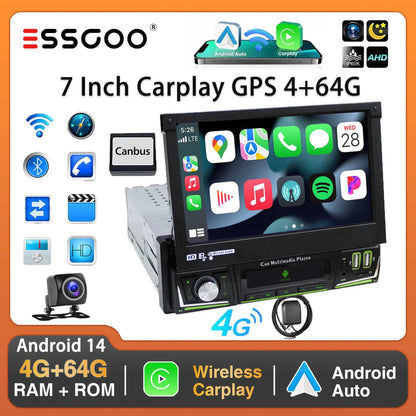 Radio de coche ESSGOO 7 pulgadas 1 DIN Flip-Out, 4+64 GB, Carplay inalámbrico, Android Auto, Bluetooth, pantalla táctil, Android 14, reproductor MP5, unidad principal, SWC, GPS, cámara.
