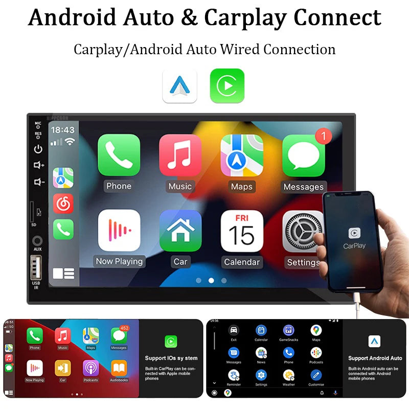 Radio de coche de 7 pulgadas, 1 Din, Carplay, Android, reproductor Multimedia para coche, pantalla táctil HD, entrada FM AUX, Bluetooth MirrorLink, Autoradio Universal