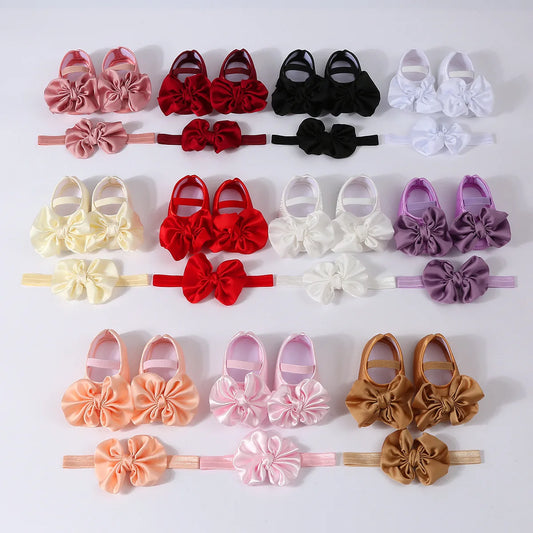 1 Juego de zapatos antideslizantes con lazo grande para bebé, diadema para recién nacido, zapatos para antes de caminar, calcetines de suelo sólidos, calcetines para niñas y niños, tocados