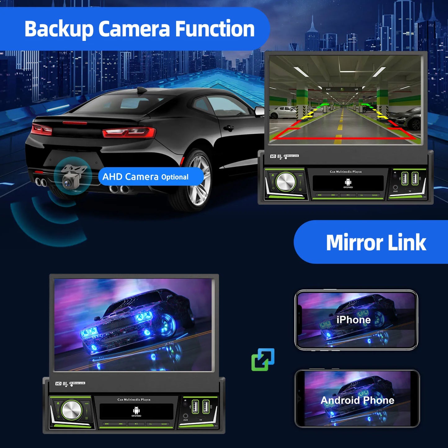 Radio de coche ESSGOO 7 pulgadas 1 DIN Flip-Out, 4+64 GB, Carplay inalámbrico, Android Auto, Bluetooth, pantalla táctil, Android 14, reproductor MP5, unidad principal, SWC, GPS, cámara.