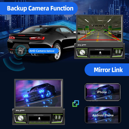 Radio de coche ESSGOO 7 pulgadas 1 DIN Flip-Out, 4+64 GB, Carplay inalámbrico, Android Auto, Bluetooth, pantalla táctil, Android 14, reproductor MP5, unidad principal, SWC, GPS, cámara.